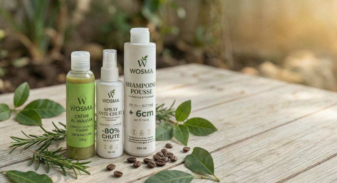 Traitement naturel contre la chute de cheveux au Maroc avec le Pack complet WOSMA au romarin et ricin - Guide 2026