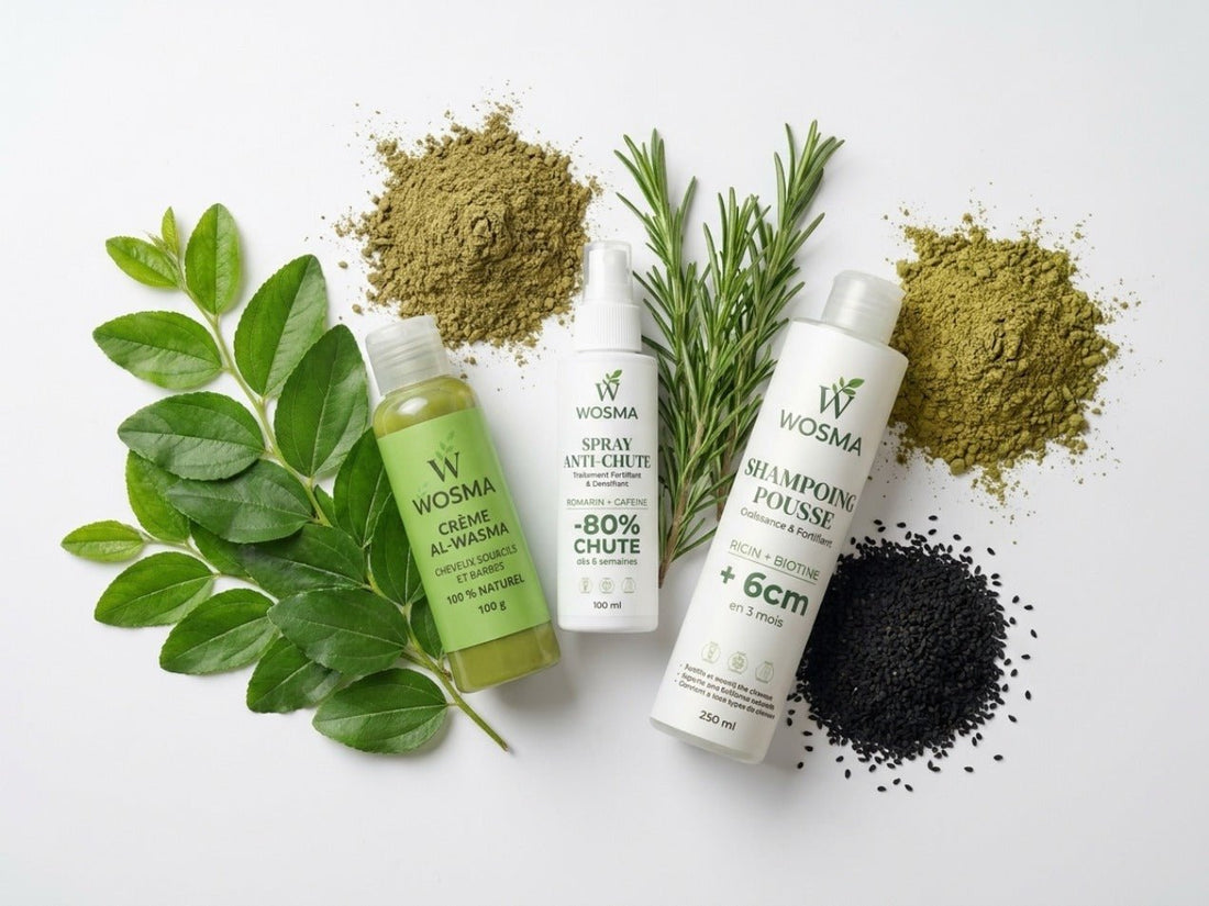Composition des 5 meilleures herbes marocaines pour les cheveux : feuilles de sidr, romarin, wasma, henné et nigelle, accompagnant les produits botaniques WOSMA.