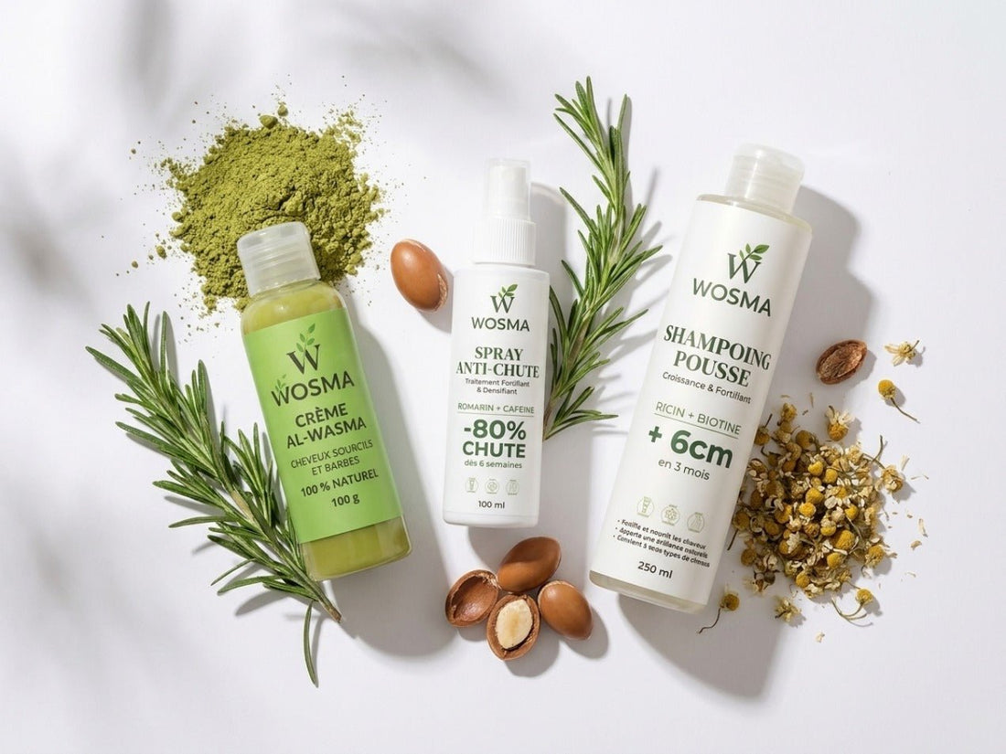 Une gamme de produits capillaires botaniques WOSMA entourée d'herbes traditionnelles marocaines comme le romarin, le sidr et l'argan.