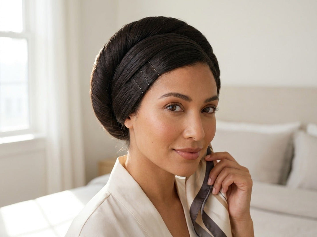 Femme marocaine avec des cheveux sains préparés pour la technique traditionnelle de la patcha, entourée d'ingrédients naturels.