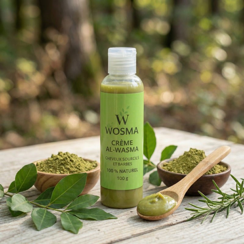 Crème Al-Wasma WOSMA pour cheveux, barbe et sourcils, soin naturel 3-en-1, texture riche et facile à appliquer.