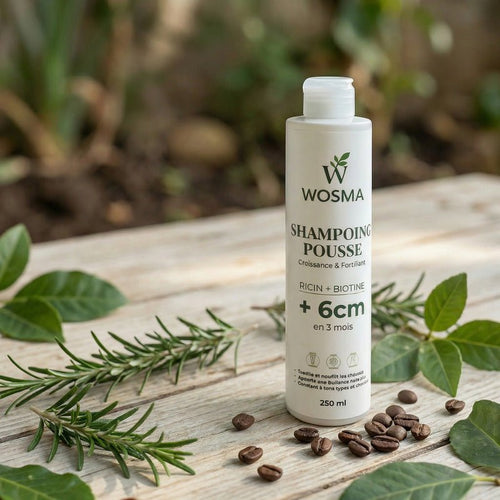 Flacon de shampoing pousse WOSMA à la ricin et biotine pour renforcer et favoriser la croissance des cheveux.