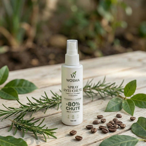 Spray anti-chute WOSMA au romarin et caféine pour renforcer les cheveux, visible en flacon pulvérisateur.