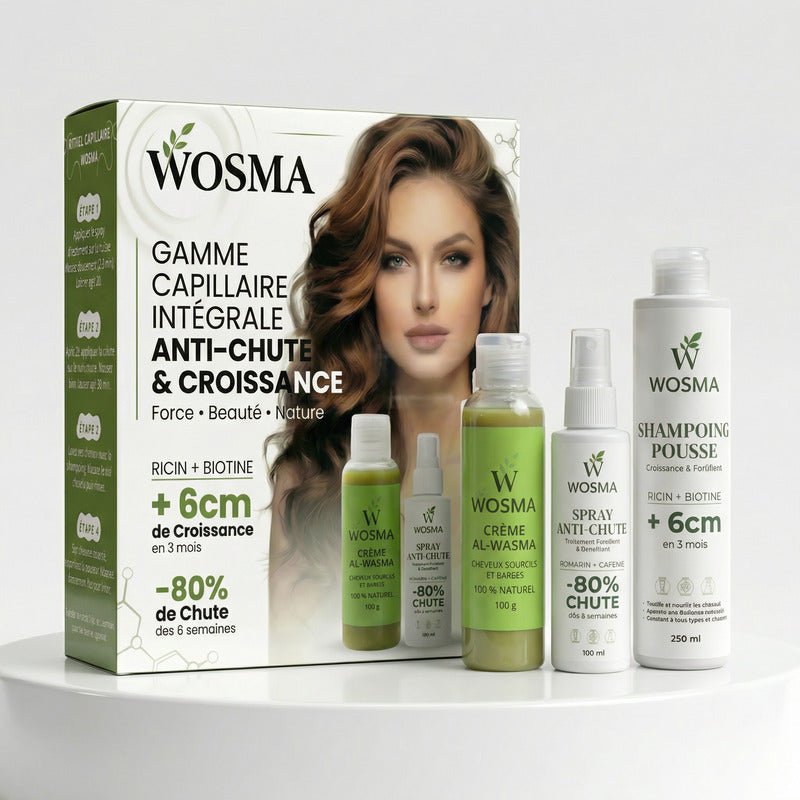 Pack de soins capillaires WOSMA 3 en 1 anti-chute, comprenant shampoing, après-shampoing et traitement pour cheveux forts.