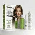 Pack de soins capillaires WOSMA 3 en 1 anti-chute, comprenant shampoing, après-shampoing et traitement pour cheveux forts.