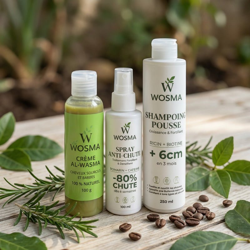 Pack de soins capillaires WOSMA 3 en 1 anti-chute, comprenant shampoing, traitement et masque pour renforcer les cheveux.